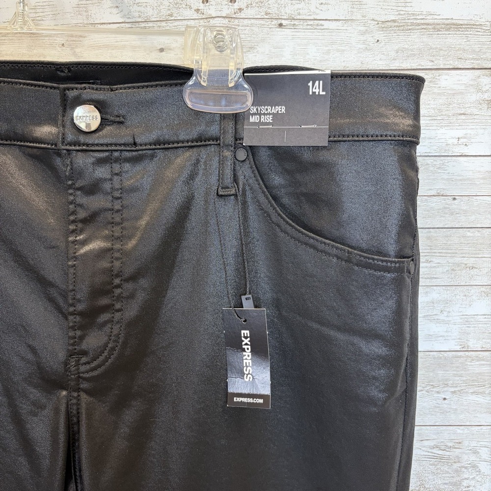 NWT Express Womens 14L Pants Satin Coated Black Skyscraper Mid Rise Split Hem